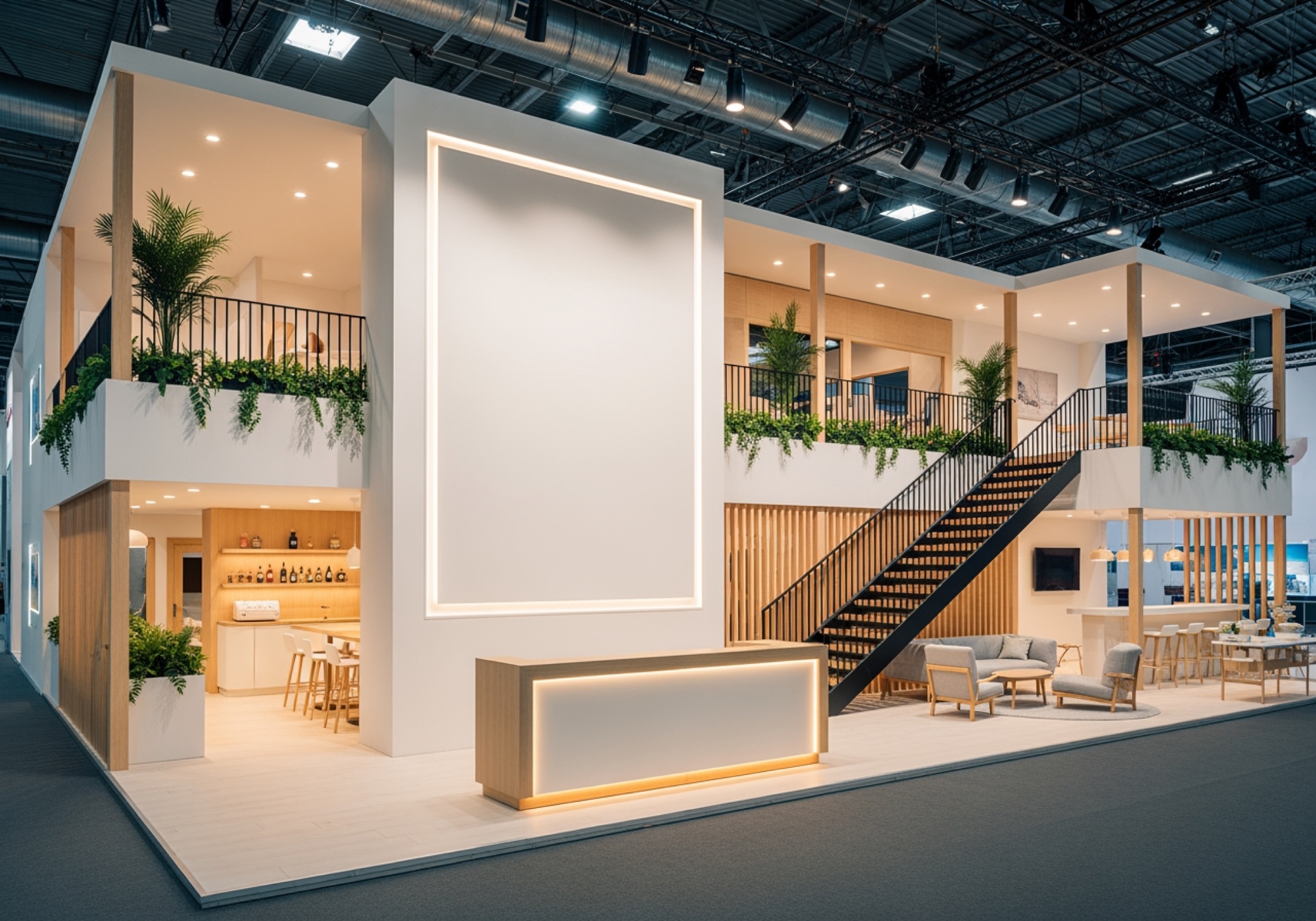 Concept for a double-decker stand in white and pale timber with a black steel staircase