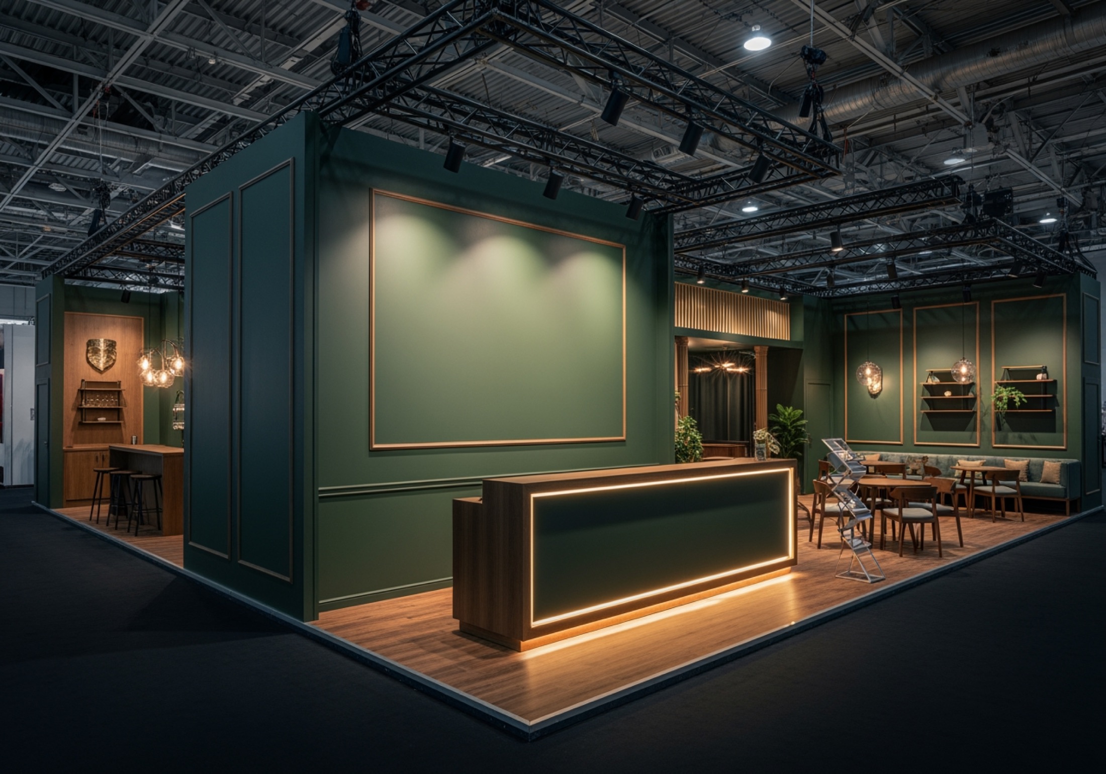 Concept for a corner stand in deep forest green with antique brass detailing