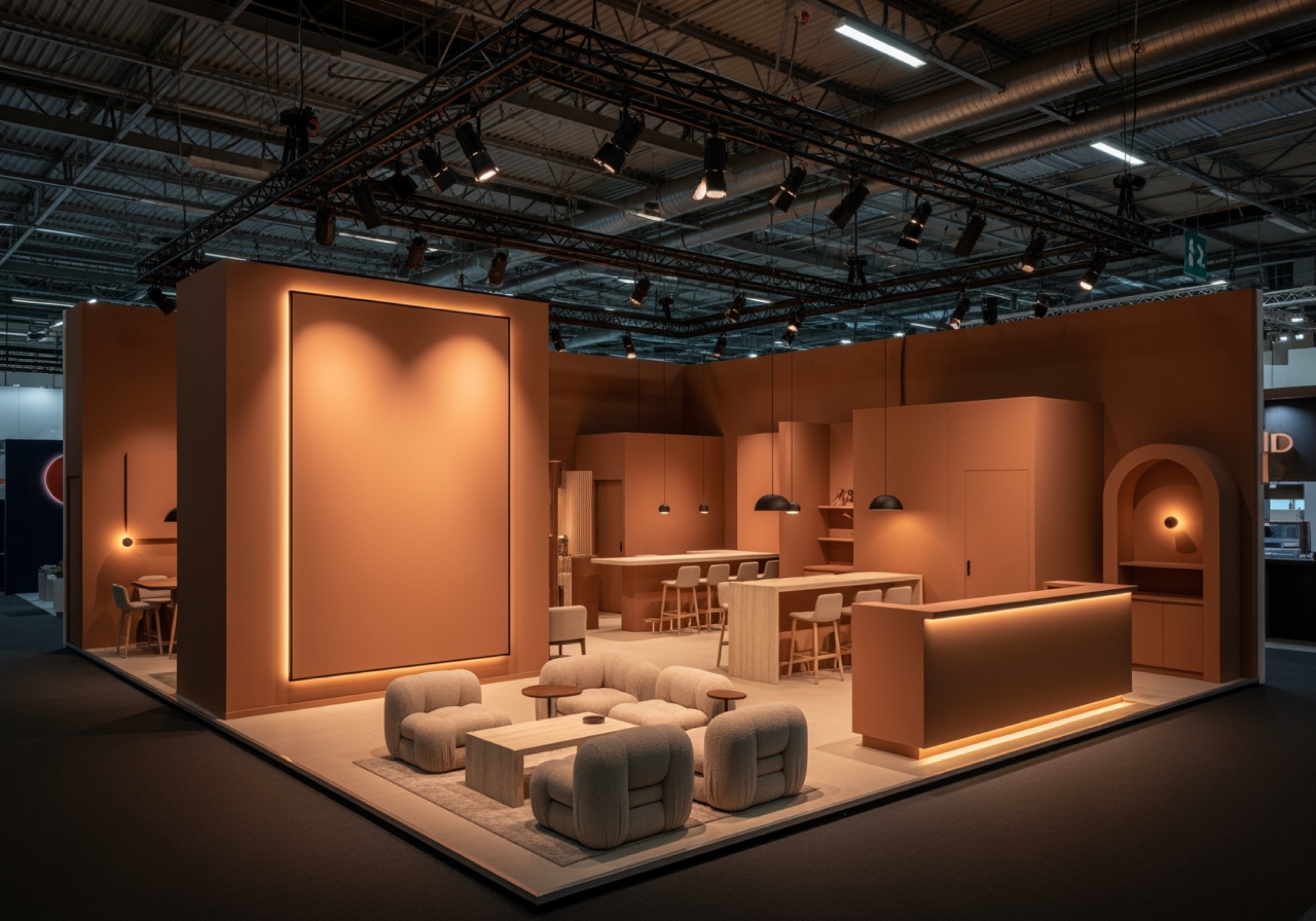 Concept for a stand lounge in muted clay with boucle seating and travertine tables