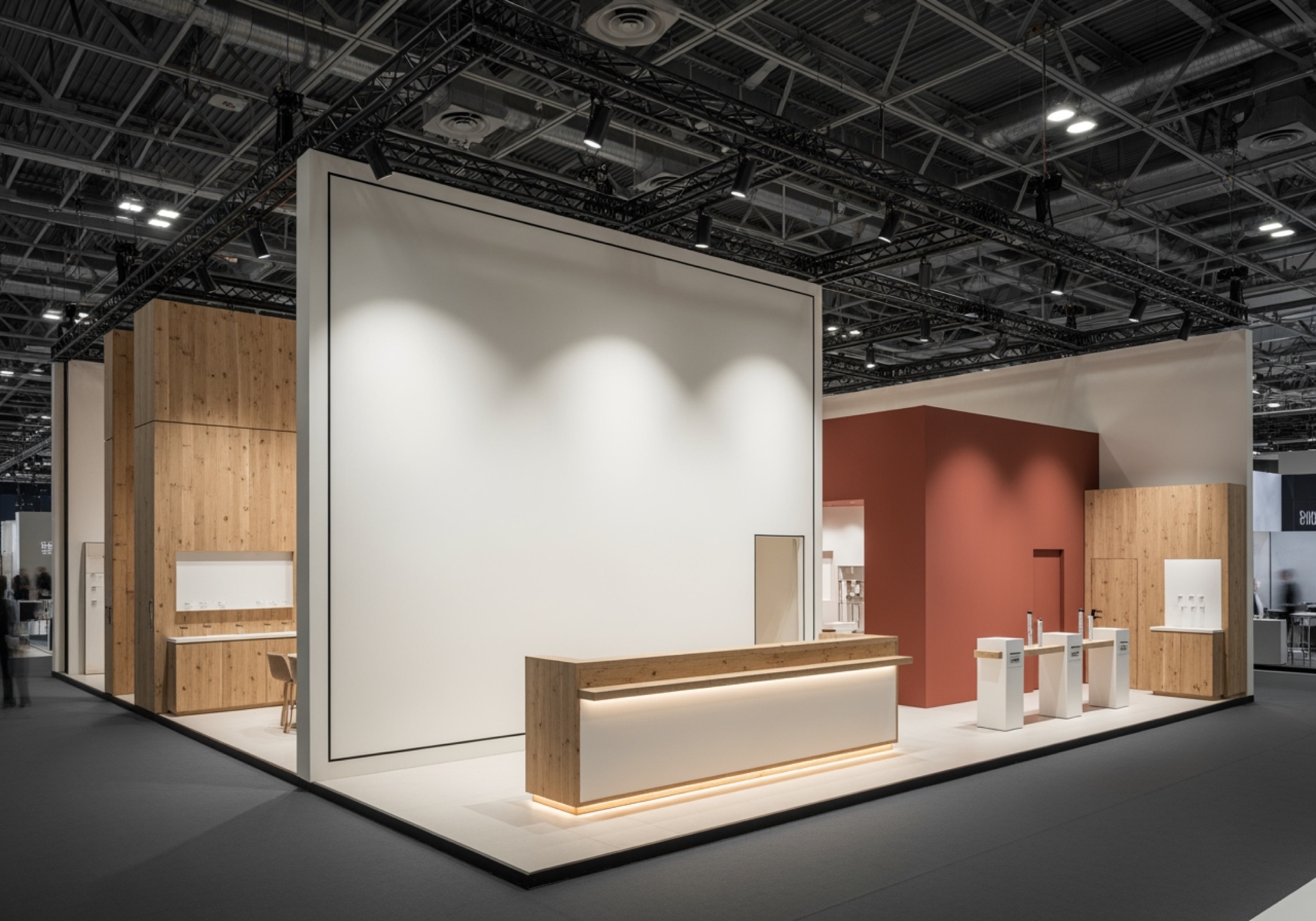 A minimal island stand in bone white and raw oak with a terracotta accent volume
